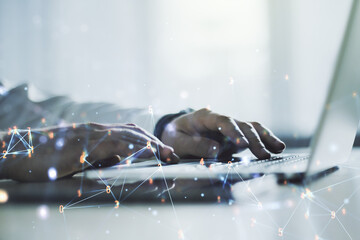 Poster - Creative abstract wireless technology hologram and hands typing on computer keyboard on background, artificial intelligence and machine learning concept. Multi exposure