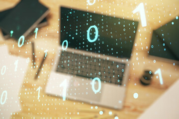 Aufkleber - Creative concept of binary code illustration on modern laptop background. Big data and coding concept. Multiexposure