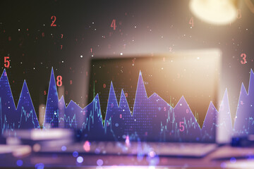 Poster - Double exposure of abstract creative statistics data hologram on laptop background, statistics and analytics concept