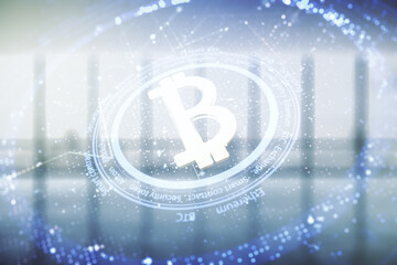 Poster - Double exposure of creative Bitcoin symbol hologram on empty modern office background. Cryptocurrency concept