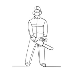 Wall Mural - Continuous line drawing of lumberjack man wood cutter work and holding chainsaw to cut wood tree. Vector illustration