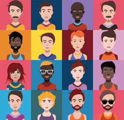 Set of people icons in flat style with faces. Vector women, men with color background