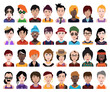 Set of people icons in flat style with faces. Vector women, men with color background