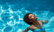 Peaceful African American Beauty Swimming At Pool With Clear Blue Water On Summer Day, Copy Space