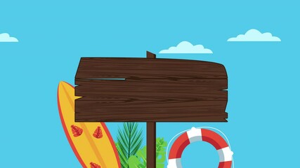 Poster - summer holiday season with wooden label and surfboard