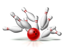Red Bowling Ball Crashing Into The Pins. Illustration Of Bowling Strike Isolated On White Background.