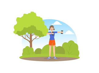 Sticker - Girl Exercising with Dumbbells in the Park, Young Woman Doing Physical Activity Outdoors Vector Illustration