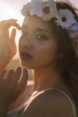 Sticker - Closeup shot of a beautiful woman wearing a white flower headband and looking at the camera