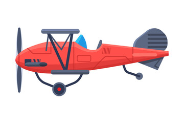 Wall Mural - Retro Red Airplane with Propeller, Flying Aircraft Vehicle, Air Transport Vector Illustration