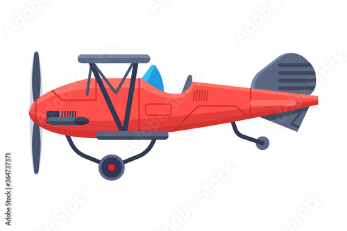 Retro Red Airplane with Propeller, Flying Aircraft Vehicle, Air Transport Vector Illustration