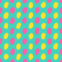 Yellow And Pink Ovals Seamless Pattern On A Bright Turquoise Background. Trendy Geometric Pattern With Paint Blobs