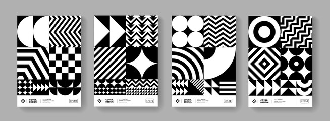 Canvas Print - Abstract Monochrome Geometric Pattern Background. Black and white swiss design poster collection. Minimal black and white shape elements.