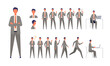 Set of businessman characters in different poses. Working, standing, walking, sitting and running.