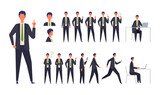 Fototapeta  - Set of businessman characters in different poses. Working, standing, walking, sitting and running.