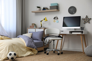 Poster - Stylish teenager's room interior with comfortable bed and workplace