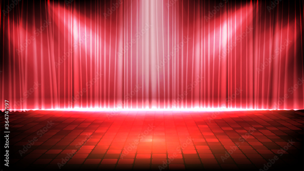 abstract futuristic background of empty stage with red curtain and lighting spotlgiht stage background - obrazy, fototapety, plakaty 