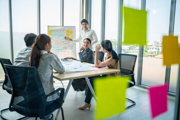 Group of young asian creative business brain storm meeting presentation,discussing roadmap to product launch, planning,strategy,new business development,working with new startup project in office.