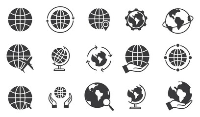 Wall Mural - globe related icon set. such as map, way, globe, globe with plane, globe with hand, world map vector
