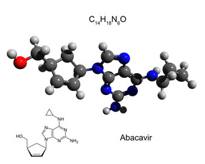 Chemical formula, structural formula and 3D ball-and-stick model of abacavir, an antiretroviral medication used to prevent and treat HIV/AIDS