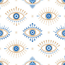 Evil Eye Vector Seamless Pattern. Magic, Witchcraft, Occult Symbol, Line Art Collection. Hamsa Eye, Magical Eye, Decor Element. Blue, White, Golden Eyes. Fabric, Textile, Giftware, Wallpaper.