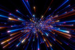 Speed of light in space on dark background. Abstract background in blue, yellow and orange neon colors. 3D rendering.