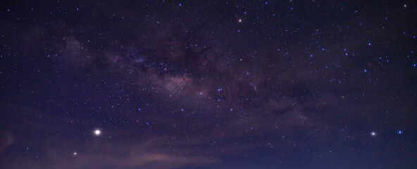 Panorama blue night sky milky way and star on dark background.Universe filled with stars, nebula and galaxy with noise and grain.
