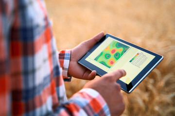 Precision farming. Farmer hands hold tablet using online data management software, differential fertilizer application maps. Agronomist works with touch screen to control, analyse agriculture business