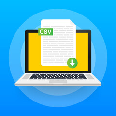 Poster - Download CSV button on laptop screen. Downloading document concept. File with CSV label and down arrow sign. Vector illustration.