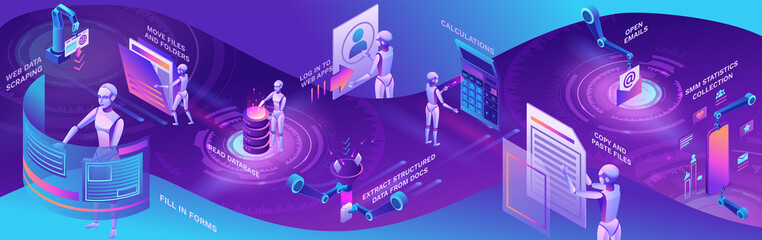 Robotic process automation horizontal banner with robots working with data, arms moving files, extracting information from websites, digital technology service, 3d isometric vector illustration