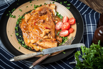 Canvas Print - Potato pancakes with meat, vegetable, tomato and parsley.