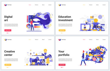 Poster - Creative art agency, education design vector illustrations. Cartoon flat modern trendy website interface banner set with digital designer art studio, creativity and investment in artwork idea concept