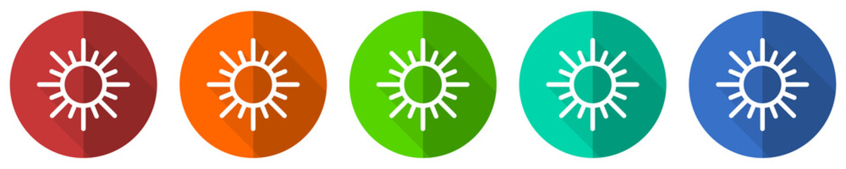 Leinwandbilder - Sun icon set, red, blue, green and orange flat design web buttons isolated on white background, vector illustration