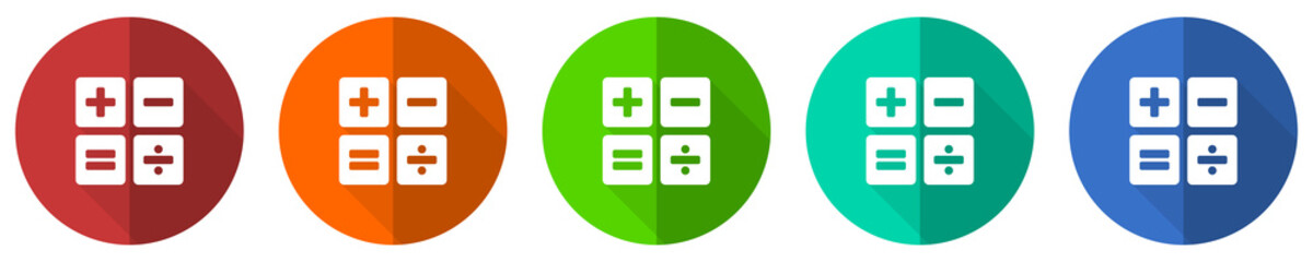 Aufkleber - Calculator icon set, red, blue, green and orange flat design web buttons isolated on white background, vector illustration