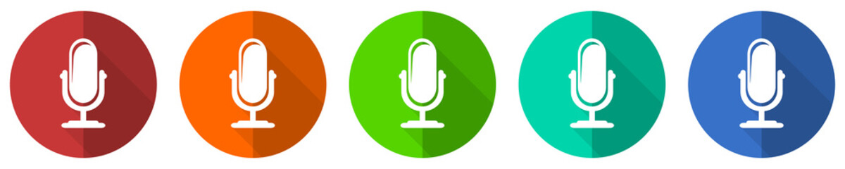 Leinwandbilder - Microphone icon set, red, blue, green and orange flat design web buttons isolated on white background, vector illustration
