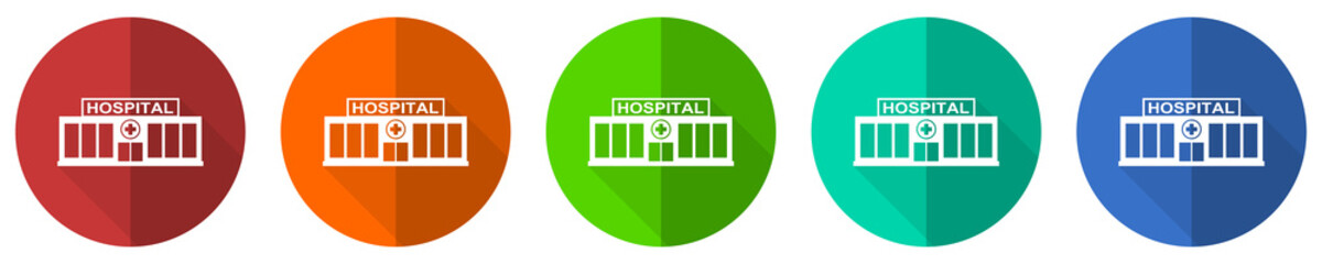 Fototapete - Hospital building icon set, red, blue, green and orange flat design web buttons isolated on white background, vector illustration