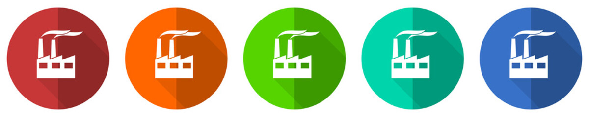 Fototapete - Factory icon set, industrial building, plant, pollution, red, blue, green and orange flat design web buttons isolated on white background, vector illustration