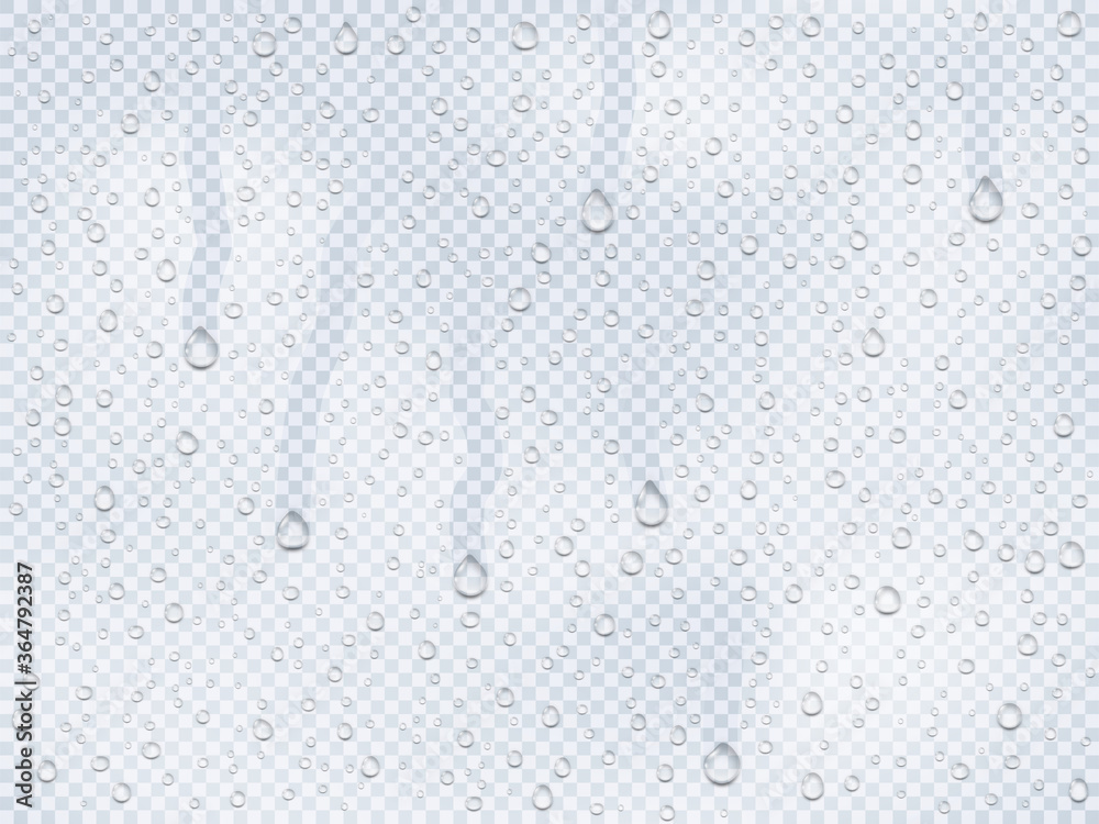 Realistic water droplets on the glass, rain drops on a window or steam transudation in shower, water droplets condensed on cold surface an isolated template - obrazy, fototapety, plakaty 
