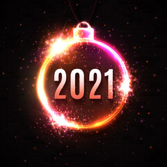 New Year neon sign on dark red background. 2021 glowing text in Christmas ball electric led lamp frame with light sparkles. Celebration party, holiday greeting card design. Bright vector illustration.