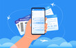 Boarding pass mobile add for online check-in and airplanes flying around in clouds. Concept vector illustration of human hand holds a smartphone with two mobile boarding passes on blue background