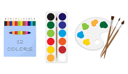 color pencils, box of watercolor paints, palette of colors and brushes. art set. flat vector illustr