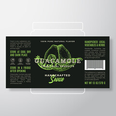 Wall Mural - Handcrafted Vegetables Guacamole Sauce Label Template. Abstract Vector Packaging Design Layout. Modern Typography Banner with Hand Drawn Tomato, Chilly and Avocado Silhouettes Background.
