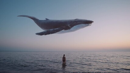 girl watches humpback whale flying above the sea. mystical, fantasy, dream scene, a spirit animal or