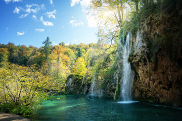 Canvas Print - waterfall in forest, plitvice lakes, croatia