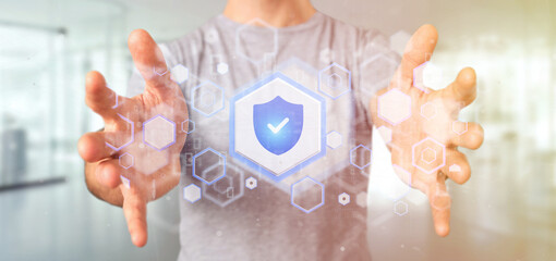 Poster - Man holding a Shield web security concept 3d rendering