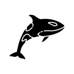 Poster - Orca black glyph icon. Dangerous swimming animal, sea life, ocean fauna silhouette symbol on white space. Carnivore aquatic creature, underwater predator. Killer whale vector isolated illustration