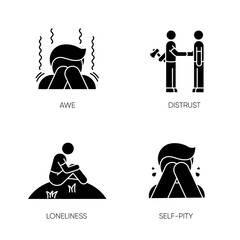 Wall Mural - Negative emotions and bad feelings black glyph icons set on white space. Human behaviour, psychological states silhouette symbols. Distrust, loneliness, awe and self pity. Vector isolated illustration