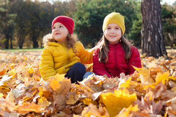 Two cute little happy girls sisters having fun on  walk in the park on  sunny autumn day. Children play and laugh in yellow leaves. Family active weekend with kids