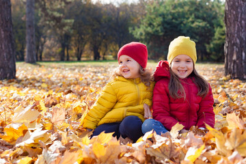 Two cute little happy girls sisters having fun on  walk in the park on  sunny autumn day. Children play and laugh in yellow leaves. Family active weekend with kids