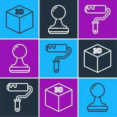 Poster - Set line Isometric cube, Paint roller brush and Stamp icon. Vector.