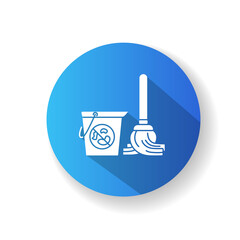 Sticker - Floor mopping blue flat design long shadow glyph icon. Room disinfection, home cleaning. Housework, domestic chores. Mop and bucket with antibacterial detergent silhouette RGB color illustration